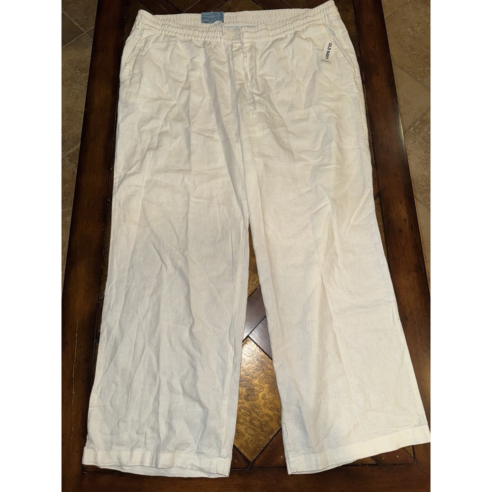 Old Navy Pants Size XL White Linen Wide Leg‎ Pull On Elastic Pockets